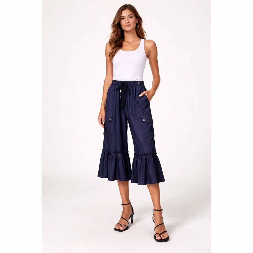 Cinq a Sept Priscilla Wide Leg Ruffle Hem Cargo Navy Blue Pants Women’s Medium - Picture 9 of 9